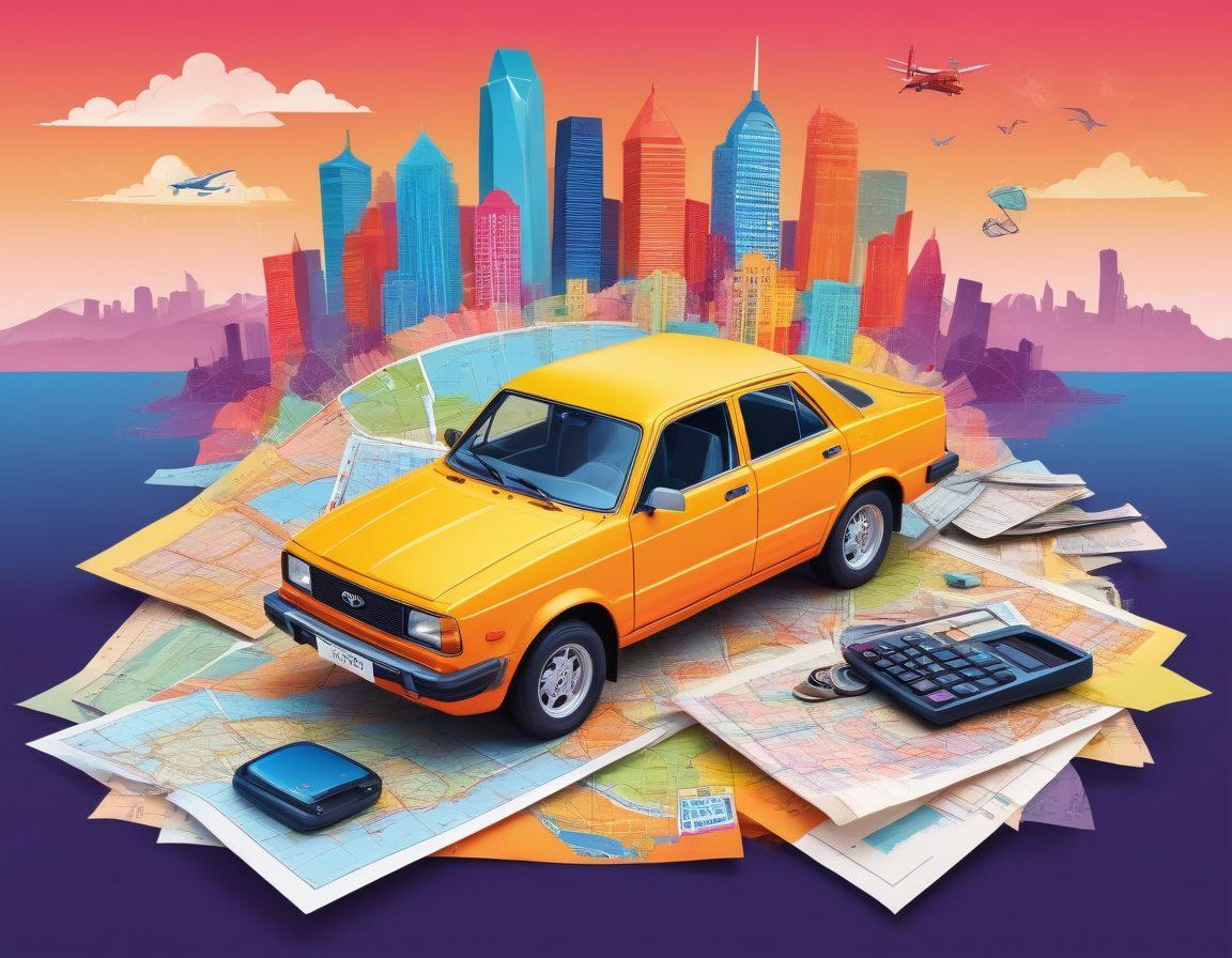 A creative collage depicting a budget-savvy traveler happily renting a vehicle, surrounded by key elements like a calculator, a map with marked routes, and discounted price tags. The vehicle is a colorful, stylish car parked against a vibrant skyline. Bright colors and engaging details reflect a sense of adventure and freedom. vector art. vibrant colors. dynamic composition.