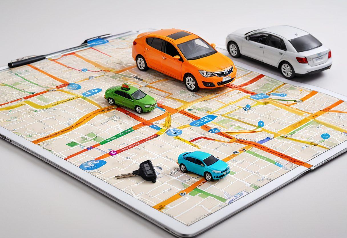 A visually engaging collage depicting a road map with key markers for car hire services, a magnifying glass highlighting hidden deals on rental cars, and a happy family loading their luggage into a reliable rental vehicle. Incorporate elements like a laptop with rental websites open, dollar signs representing savings, and a scenic backdrop of a highway. The overall mood should be helpful and informative. vibrant colors. vector art. white background.