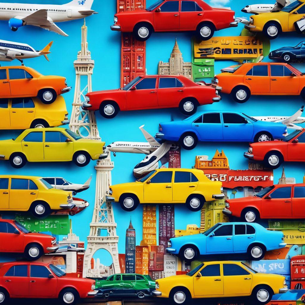 A collage of diverse travelers happily picking up rental cars at an airport, surrounded by eye-catching price tags showcasing affordable rates. Include iconic landmarks in the background to represent various travel destinations. The scene should capture the joy and excitement of discovering new places with ease and reliability. super-realistic. vibrant colors. 3D.